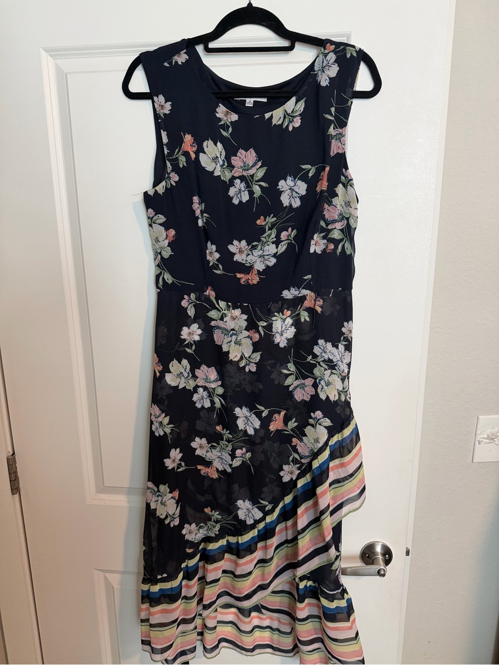 Sandra Darren Navy Floral Midi Dress with Multicolor Striped Hem